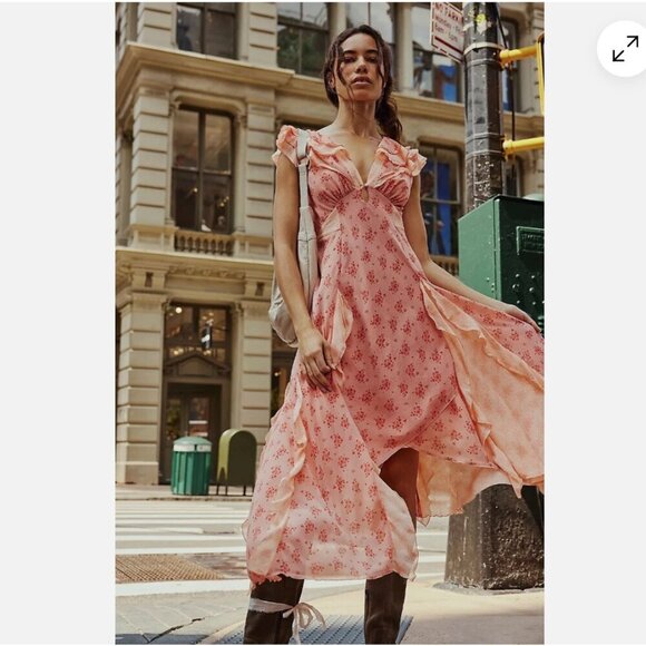Free People | Joaquin Dress Peach Combo Floral Ruffle Godet Midi Dress Size S - Picture 2 of 15